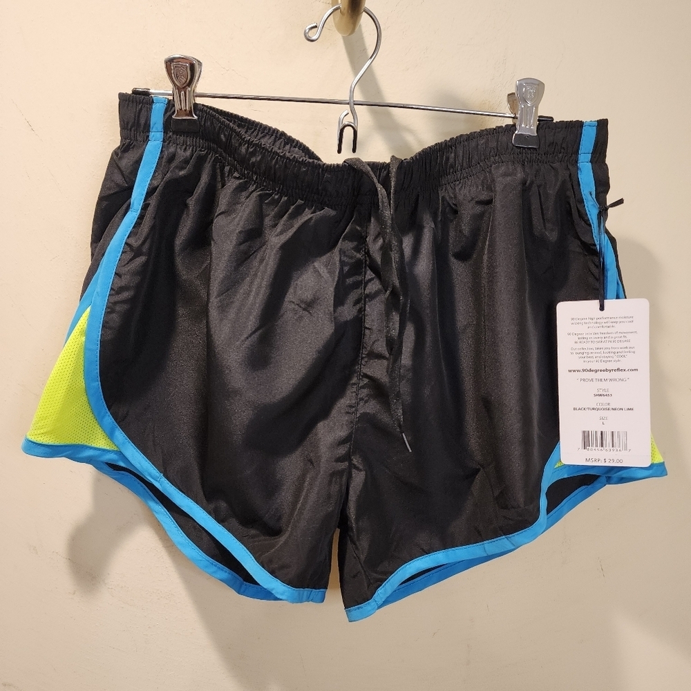90 Degree By Reflex Black and Blue Athletic Shorts Size L Nwt
